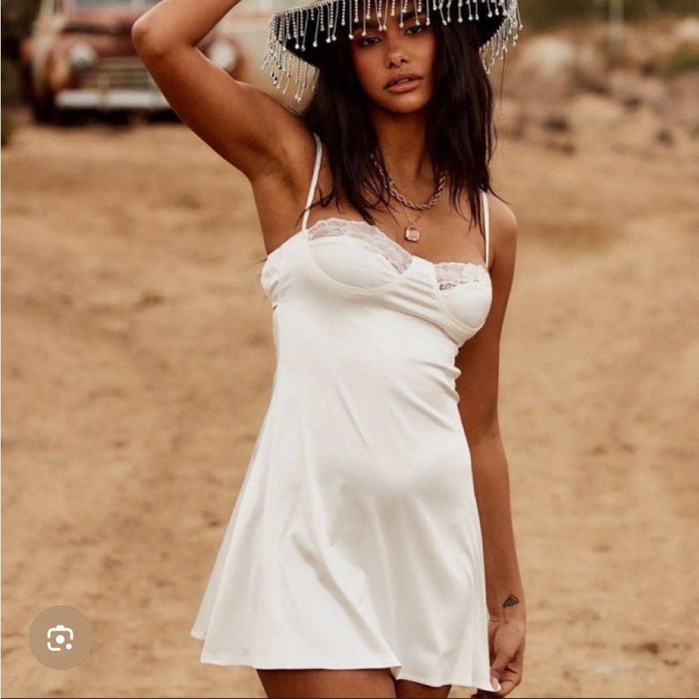 12th Tribe Candace White Satin Lace Slip Dress